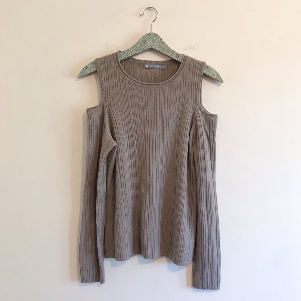 InCashmere Tan Cold Shoulder 100% Cashmere Sweater
